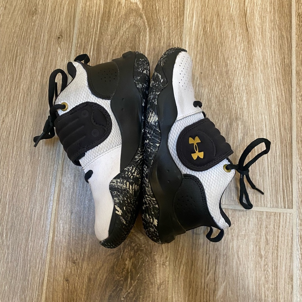 Under Armour Kids' Black, White, and Gold Sneakers - worn once
